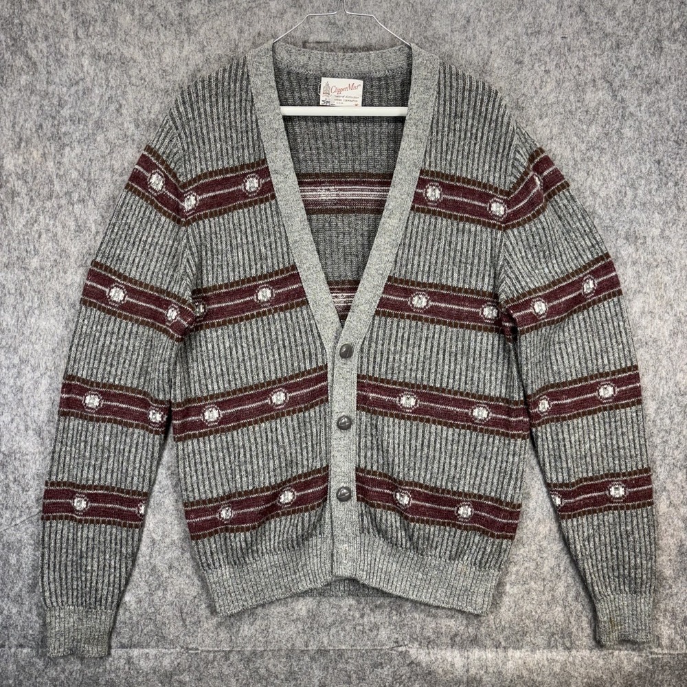 Vintage 1970s Cardigan Sweater Men's Medium Striped Gray Knit Mod Grandpa